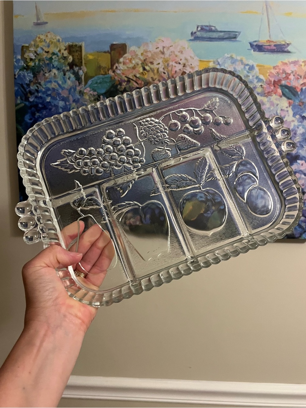 Vintage Indiana Glass 5-section divided relish tray with embossed fruit pattern